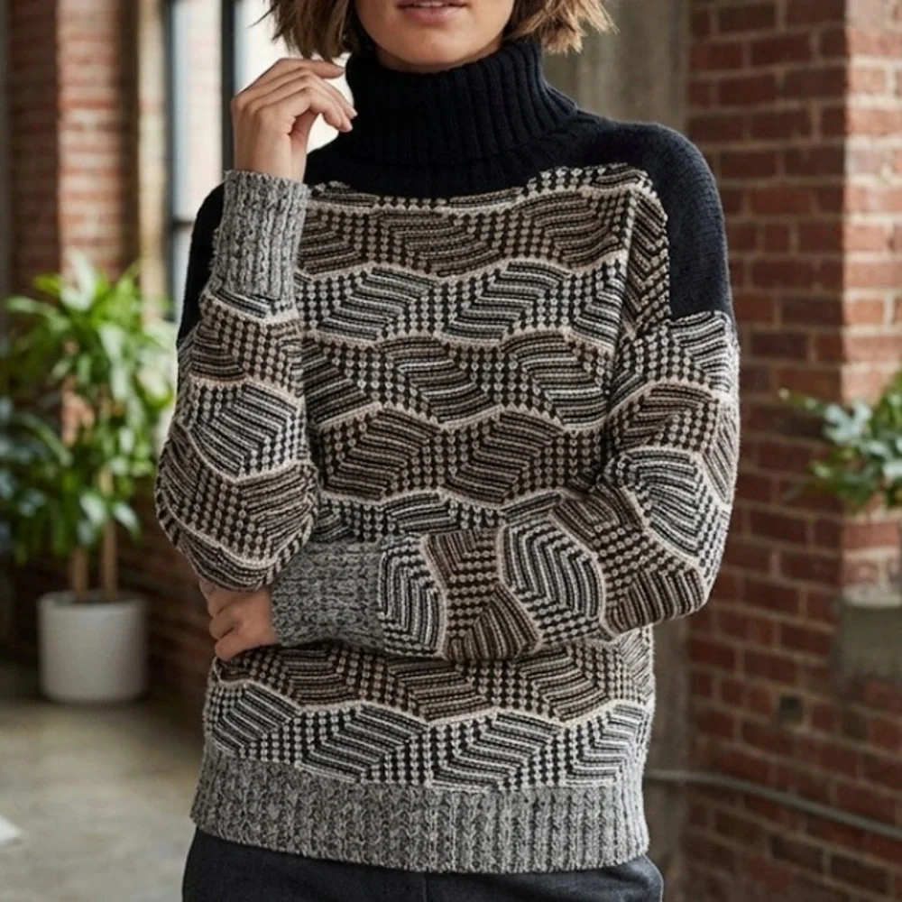 BY Malene Birger Printed Turtleneck‎ Black and Brown Patterned Sweater Size S/M